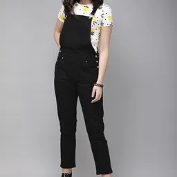 Roadster Women Black Boy-Friend Fit Washed Cropped Denim Dungarees-picture-24