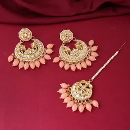 VIRAASI Gold-Plated White & Peach-Coloured Kundan Pearl Maangtika With Earrings-picture-36
