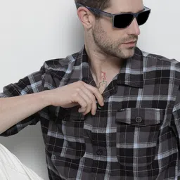 The Indian Garage Co Men Grey & Black Tartan Checks Casual Shirt-image-47