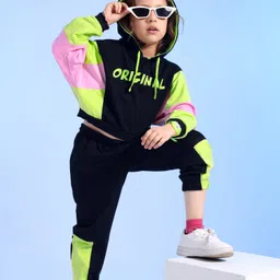 Ollington St. 100% Cotton Knit Full Sleeves Text Printed Color Blocked Hoodie & Joggers Winter Wear Set - Multicolor-picture-13