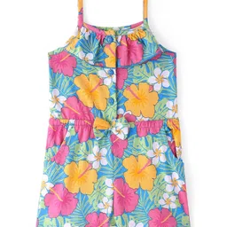 Babyhug Cotton Knit Singlet Sleeves Floral Printed Jumpsuit - Blue & Pink-picture-11