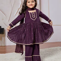 Vastramay Silk Full Sleeves Abstract Foil Printed & Lace Embellished Anarkali Kurta Palazzo With Dupatta Set - Purple-picture-22