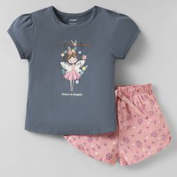 CUCUMBER Sinker Knit Half Sleeves Shorts Night Suit With Floral Print - Grey & Pink-picture-11