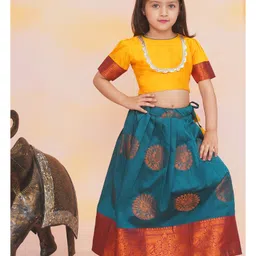 KID1 Silk Woven Half Sleeves Peacock Foil Printed & Gota Lace Embellished Lehenga Choli Set - Yellow & Green-picture-15