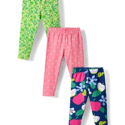 Babyhug Cotton Lycra Knit Full Length Leggings with Polka Dots Floral & Fruits Print Pack of 3 - Green Pink & Navy Blue-picture-22