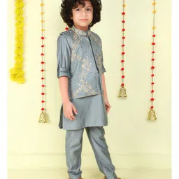 Ministitch Woven Full Sleeves Solid Kurta Pyjama With Floral Gold Zari Embroidered Jacket Set - Grey image 4