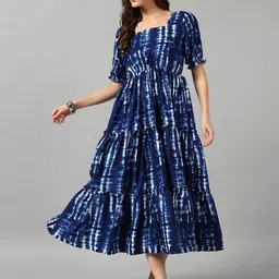 Raiyani Enterprise Tie & Dyed Square Neck Puff Sleeve Fit & Flare Midi Dress-image-86
