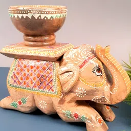 apka mart Brown & Yellow Figurine Wooden Elephant & Camel with Bowl Showpiece image 4