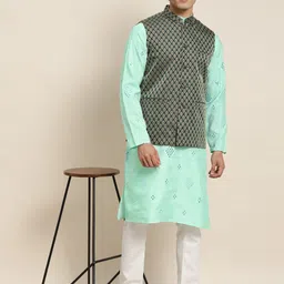 SOJANYA Men Sea Green Embroidered Mirror Work Kurta with Pyjamas With Nehru Jacket image 3