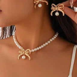 Shining Diva Fashion Gold-Plated Stones Studded & Pearls Beaded Jewellery Set image 1