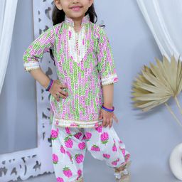 JUNITOS Girls Ethnic Motifs Printed Regular Gotta Patti Pure Cotton Kurti with Patiala-picture-18