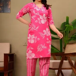 Koshiks Floral Printed Round Neck Pure Cotton Straight Kurta With Trouser image 5