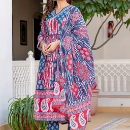 SRF JAIPUR Women Printed Pure Cotton Kurta with Harem Pants & With Dupatta image 3