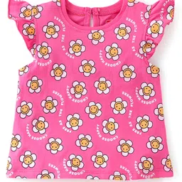 Babyhug Cotton Knit Sleeveless T-Shirt Floral Print & Frill Detailing - Pink-image-35
