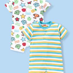 Babyhug 100% Cotton Knit Half Sleeves Romper Stripes & Diamond Print Pack of 2 - White Green & Yellow-picture-23