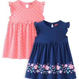 Babyhug Single Jersey Knit Sleeveless Frocks With Floral & Polka Dots Print Pack of 2 - Pink & Navy Blue-picture-19