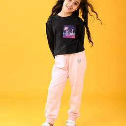 Anthrilo Full Sleeves Space Theme Printed Tee With Fleece Heart Patch Detailed Joggers Set - Black & Pink-image-16