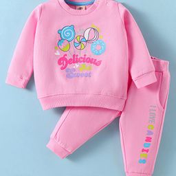 Zero Female Fleece Knit Full Sleeves Winter Wear T- Shirt & Lounge Pant Set Text Print - Pink-picture-38
