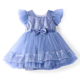 Babyhug Woven Frill Sleeves Fit & Flare Party Dress with Sequinned Yoke & Bow Applique - Blue-picture-15