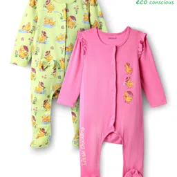 Babyoye Cotton Knit Full Sleeves Footed Sleep Suits With Birds Print Pack Of 2 - Pink & Light Green-image-38