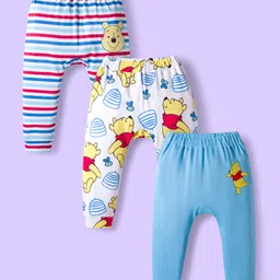 Babyhug Disney Interlock Knit Full Length Diaper Leggings with Winnie the Pooh Graphics & Stripes Pack of 3 - White & Light Blue-image-64