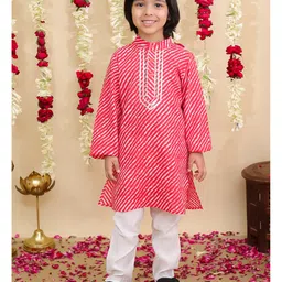 BownBee Pure Cotton Woven Full Sleeves Leheriya Printed Gota Lace Embellished Kurta Pyjama - Red-picture-30