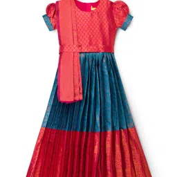 Bhartiya Paridhan Silk Woven Half Sleeves Ethnic Dress With Dupatta Set & Floral Print - Blue-picture-26
