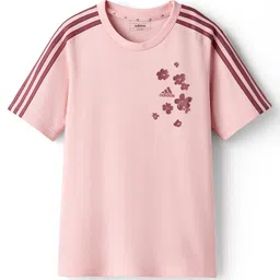 ADIDAS KIDS Cotton Knit Half Sleeves T-Shirt With Floral Print & Tape Detailing - Pink & Red-picture-17