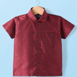 Dapper Dudes Half Sleeves Textured Shirt With Mundu & Angavastram Set - Maroon image 2