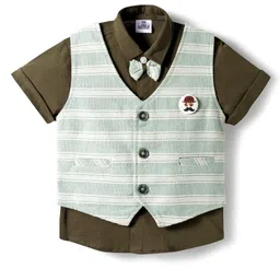 Mini Taurus Sinker Knit Half Sleeves Striped 3 Piece Party Suit With Bow Applique - Olive Green image 2