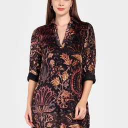 theulluu.com women Black Ethnic Motifs Printed Velvet Shirt Mini Dress-picture-37