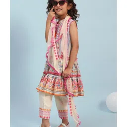 BIBA Cotton Sleeveless Floral Printed Kurta With Pant - Multi Colour image 4