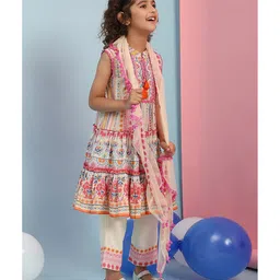 BIBA Cotton Sleeveless Floral Printed Kurta With Pant - Multi Colour image 5
