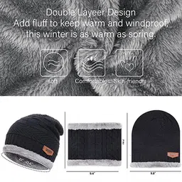IDEA Chasers® Wool Beanie Cap & Muffler for Mens & Women's Winter Cap, Woolen Cap with Neck Muffler Winter Muffler for Women Soft Woolen Muffler & Cap for Men & Women Black, Free Size-Blue image 2