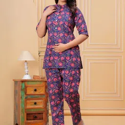 FEMARY Printed Pure Cotton Mandarin Neck Three Fourth Sleeve Top With Trousers Co-Ords image 5