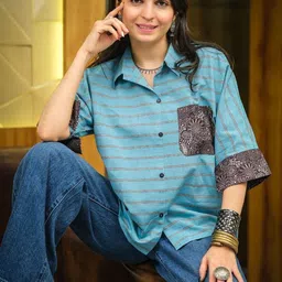 Youthnic Women's Striped Relaxed Fit Boxy Pocket Shirt Style Top-image-18