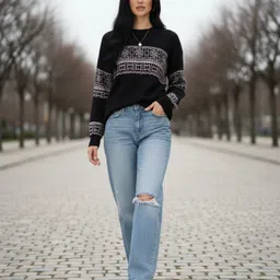 glitchez Fair Isle Self Design Round Neck Oversized Pullover image 5