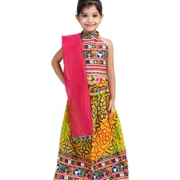 Bownbee All Over Bandhani Print & Motif Embroidery Detailing Sleeveless Choli With Lehenga & Dupatta - Yellow-image-91