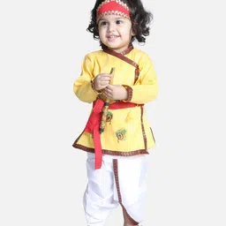 BownBee Janmashtami Theme Full Sleeves Peacock Embroidered Kurta With Dhoti & Basuri With Mukut & Band - Yellow-picture-12