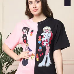 Tromko Women Pack of 2 Graphic Printed Round Neck Cotton Oversized T-shirts-image-86