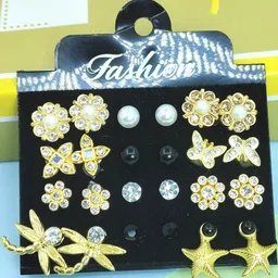 NAVJAI Set of 12 Gold-Plated Metal American Diamond Earrings image 4