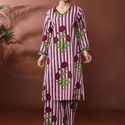 Anouk Floral Printed V-Neck A-Line Pure Cotton Kurta With Palazzo-image-50