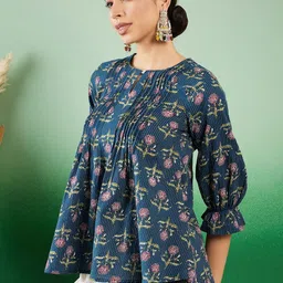 InWeave Women Floral Printed Keyhole Neck Puff Sleeve Cotton A-Line Top image 4