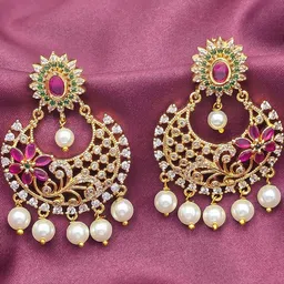 FIRST TOUCH Gold-Plated Floral Pearl and Crystal Statement Earrings image 2