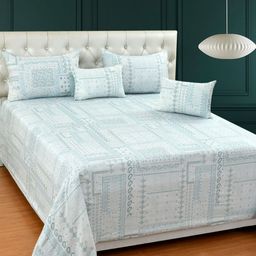 MORADO Blue & White Geometric Cotton 5 Piece Double King Superfine Bedding Set-picture-45