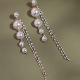 DressBerry Gold-Plated Stones Studded & Pearls Beaded Spherical Shaped Drop Earrings-image-31