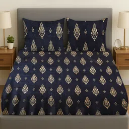 RRC Blue & Cream-Coloured Floral 300 TC Queen Bedsheet with 2 Pillow Covers-picture-17