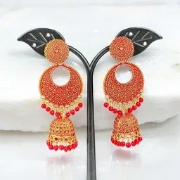 shreeji jewels Artificial Stones Studded & Beaded Dome Shaped Jhumkas image 3