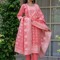 SANISA Women Pink Woven Design Cotton Blend With Dupatta image 5