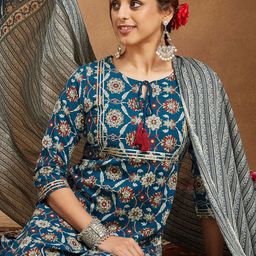 Janasya Women Floral Printed Cotton Kurta with Trousers & Dupatta-picture-4